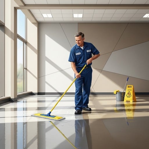 Nhân sự vệ sinh đang làm sạch sàn trong không gian vận hành