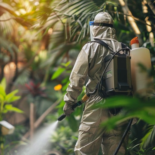 Nhân sự đang phun xử lý côn trùng trong khu vực cây xanh